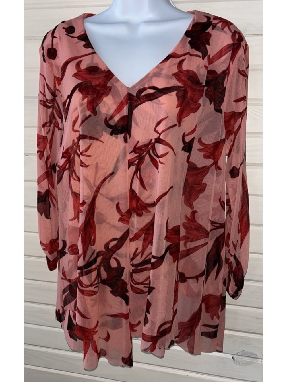 ALFANI Sz LARGE Pink Red Floral Blouse Shirt Nylon Mesh Layered EUC
